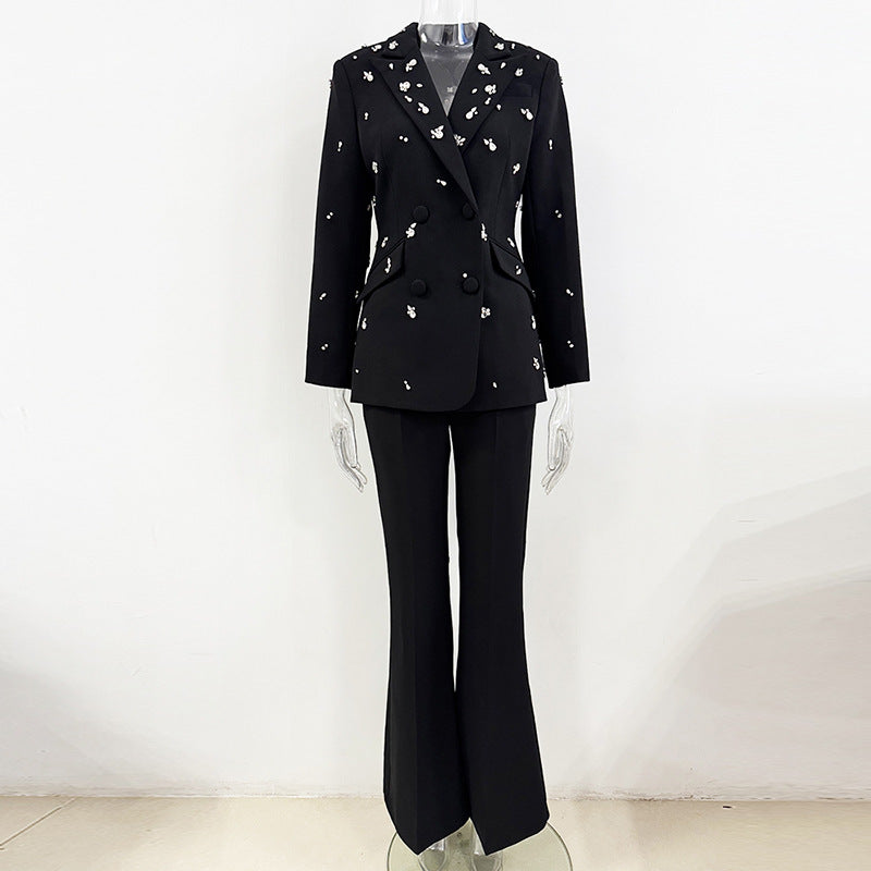 Beaded Rhinestone Blazer and Flared Pants Set for Meetings Ready and Executive Glamour Women-Vyana Collective