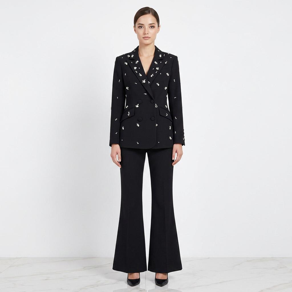 Beaded Rhinestone Blazer and Flared Pants Set for Meetings Ready and Executive Glamour Women-Vyana Collective