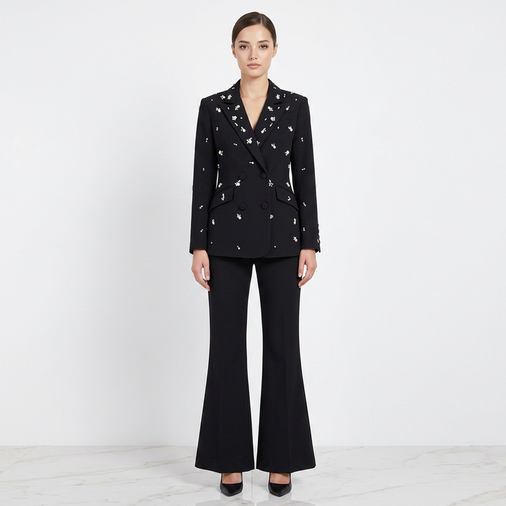 Beaded Rhinestone Blazer and Flared Pants Set for Meetings Ready and Executive Glamour Women-Vyana Collective