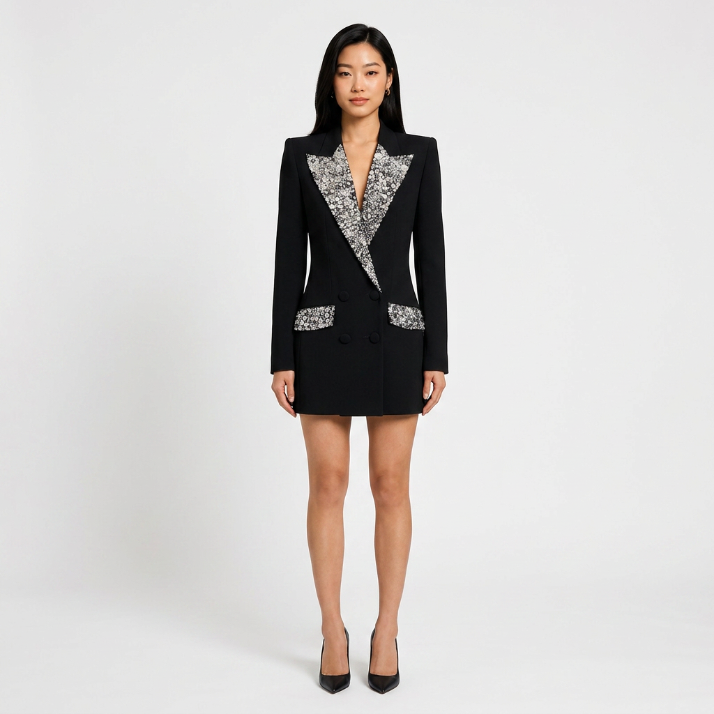 Beaded Rhinestone Longline Blazer for Friday Night Vibes and Evening Elegance Women-Vyana Collective
