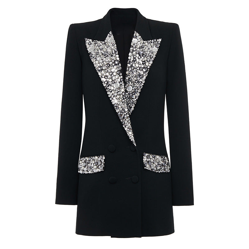 Beaded Rhinestone Longline Blazer for Friday Night Vibes and Evening Elegance Women-Vyana Collective