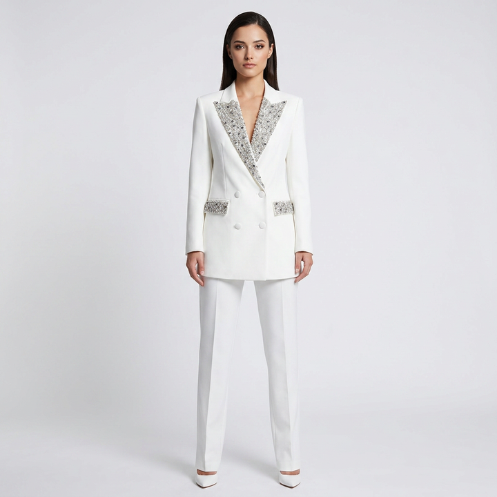 Beaded Rhinestone Longline Blazer for Friday Night Vibes and Evening Elegance Women-Vyana Collective