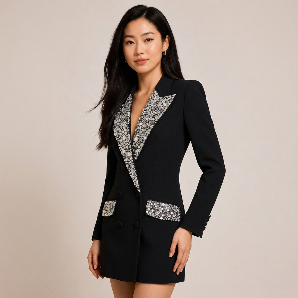 Beaded Rhinestone Longline Blazer for Friday Night Vibes and Evening Elegance Women-Vyana Collective