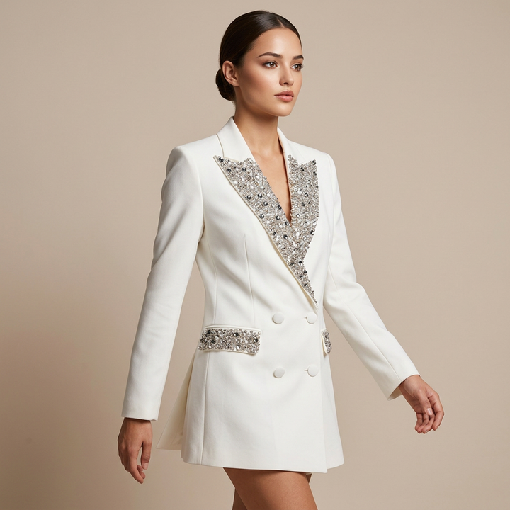 Beaded Rhinestone Longline Blazer for Friday Night Vibes and Evening Elegance Women-Vyana Collective