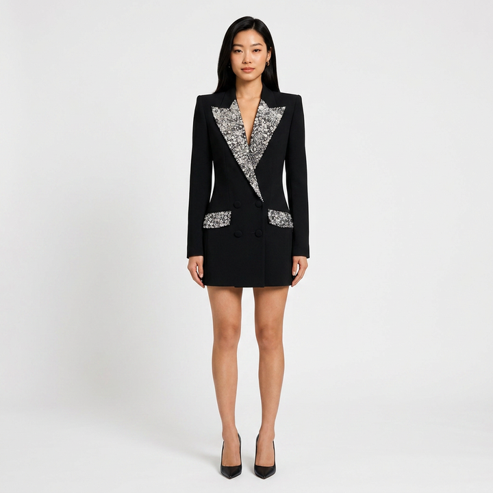 Beaded Rhinestone Longline Blazer for Friday Night Vibes and Evening Elegance Women-Vyana Collective