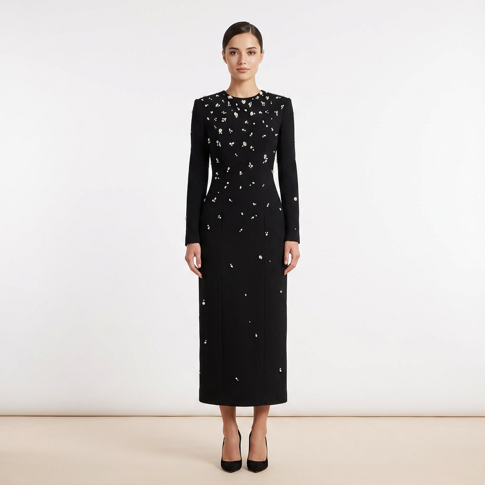 Beaded Rhinestone Maxi Gown for Black Tie Elegance and Evening Glamour Women-Vyana Collective