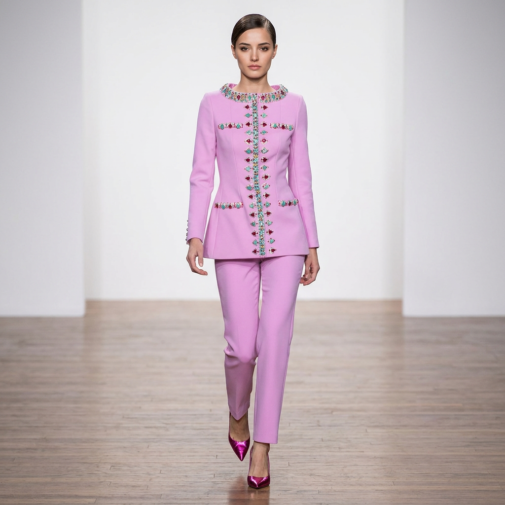Beaded Stand Collar Jacket and Slim Pants Set for Evening Events and Executive Elegance Women-Vyana Collective