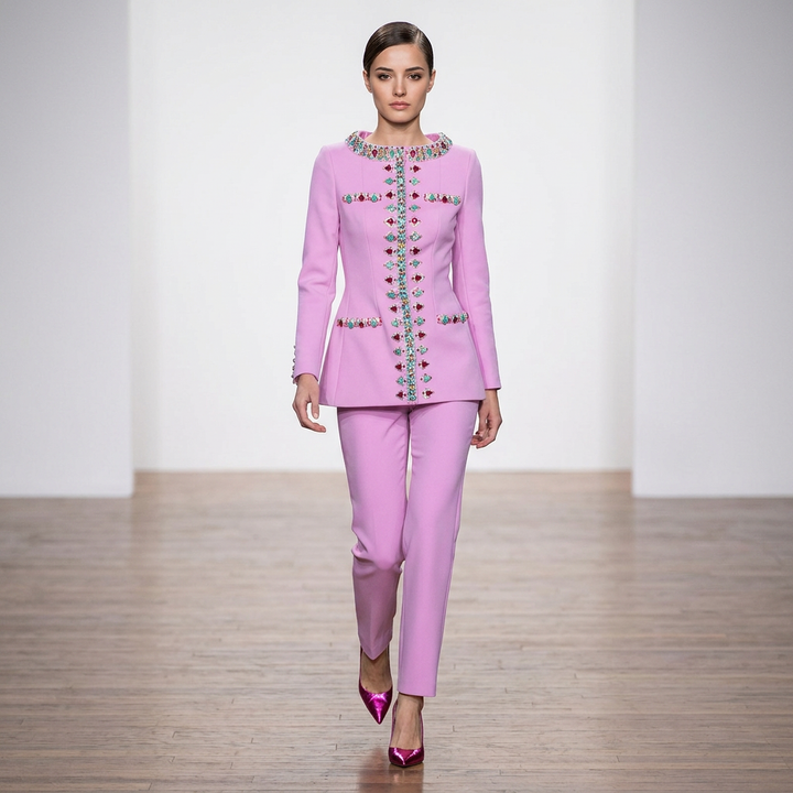 Beaded Stand Collar Jacket and Slim Pants Set for Evening Events and Executive Elegance Women-Vyana Collective