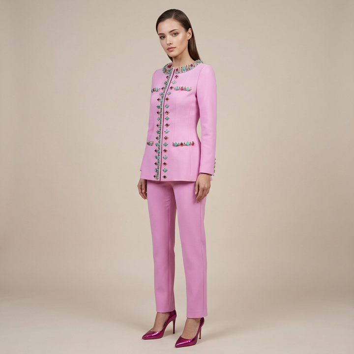 Beaded Stand Collar Jacket and Slim Pants Set for Evening Events and Executive Elegance Women-Vyana Collective