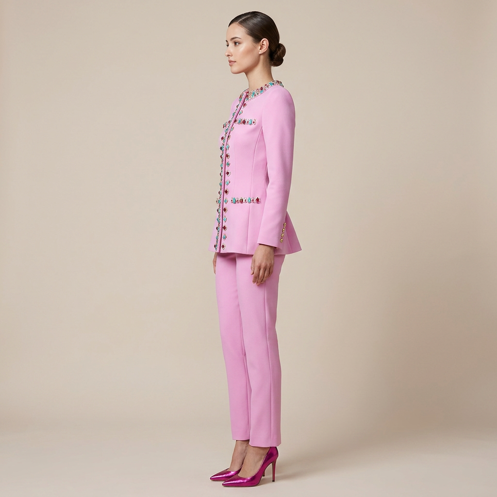 Beaded Stand Collar Jacket and Slim Pants Set for Evening Events and Executive Elegance Women-Vyana Collective