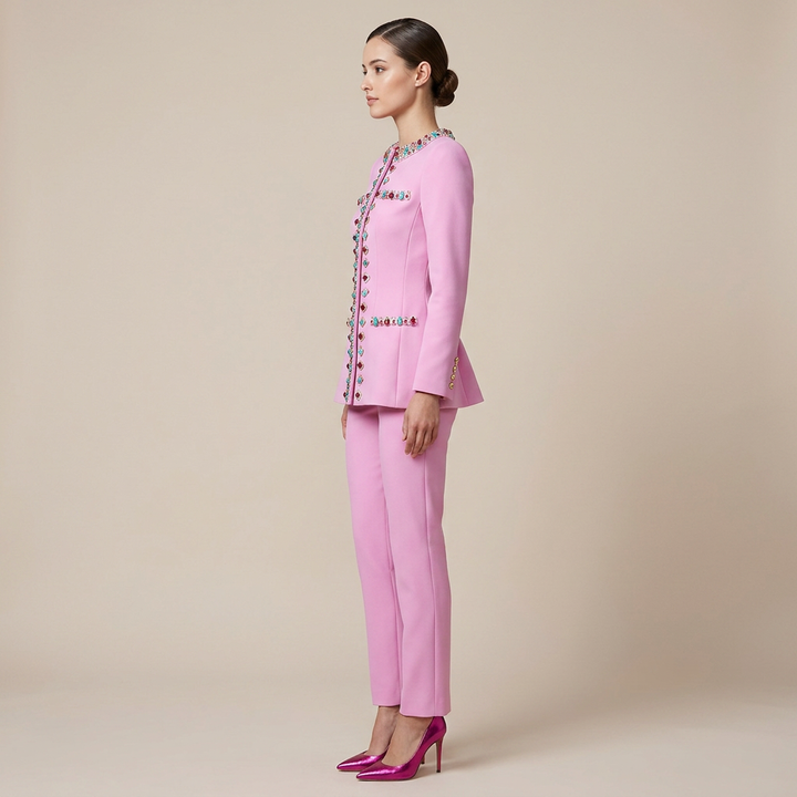 Beaded Stand Collar Jacket and Slim Pants Set for Evening Events and Executive Elegance Women-Vyana Collective