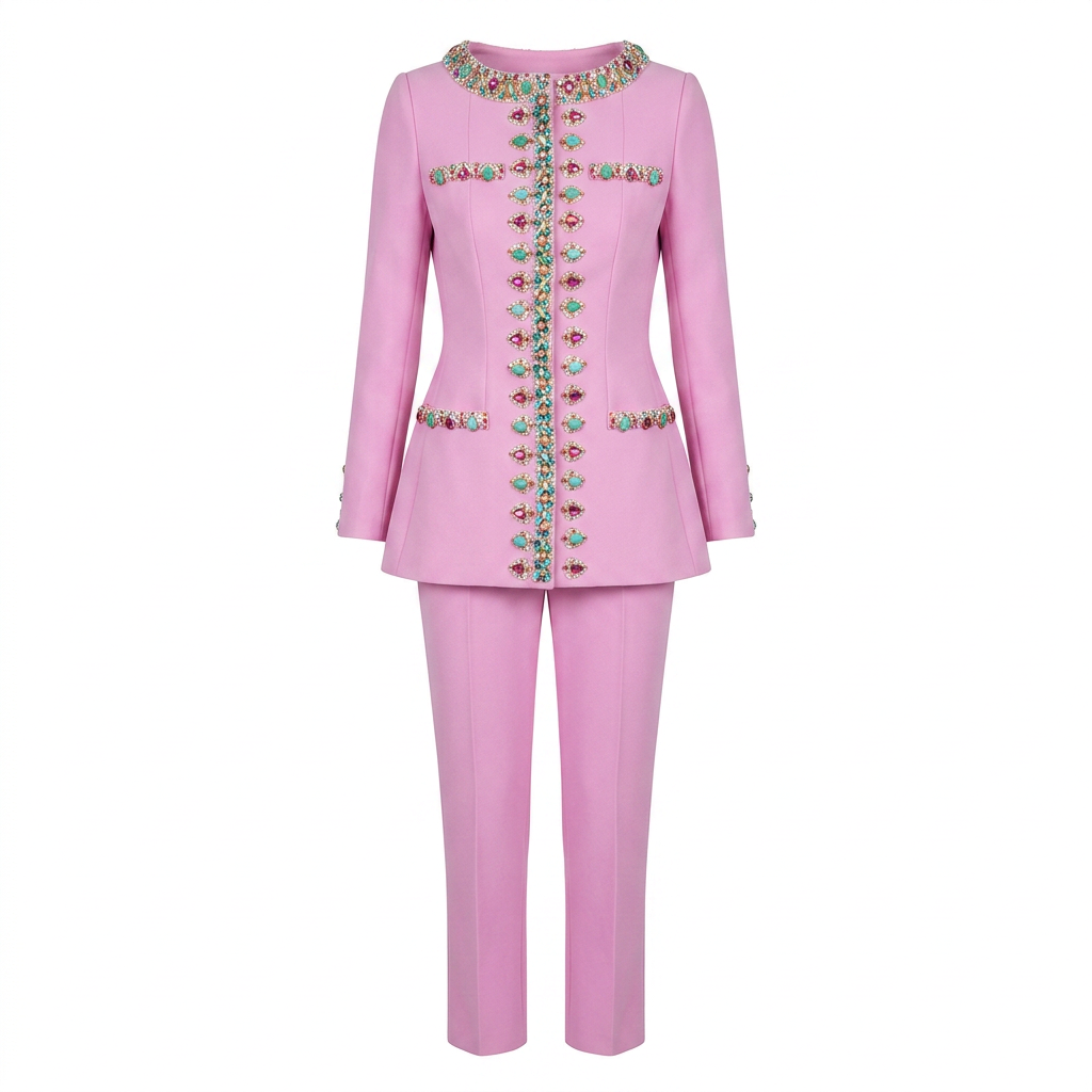 Beaded Stand Collar Jacket and Slim Pants Set for Evening Events and Executive Elegance Women-Vyana Collective