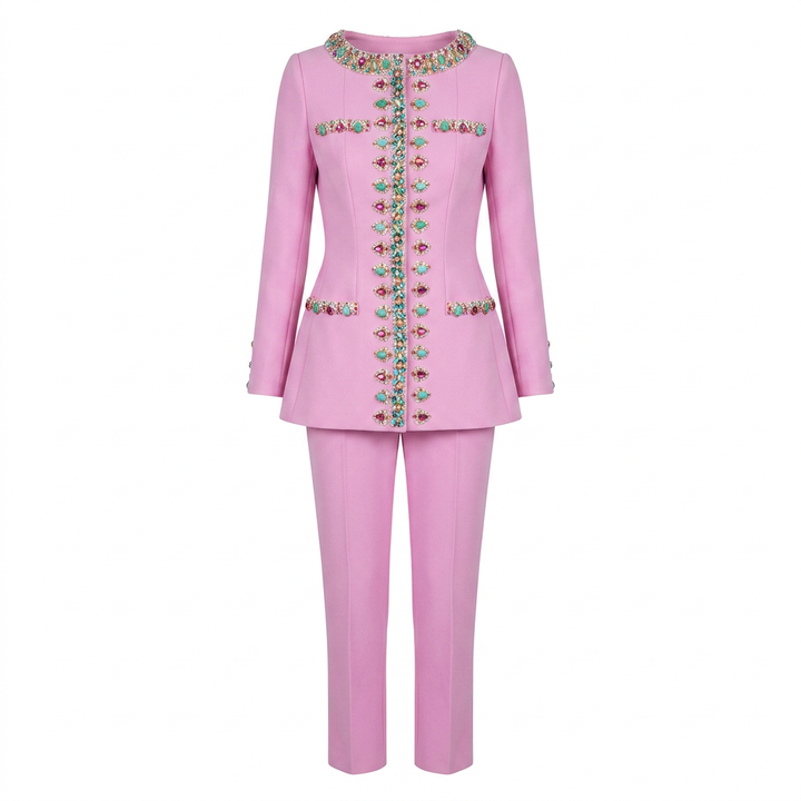 Beaded Stand Collar Jacket and Slim Pants Set for Evening Events and Executive Elegance Women-Vyana Collective