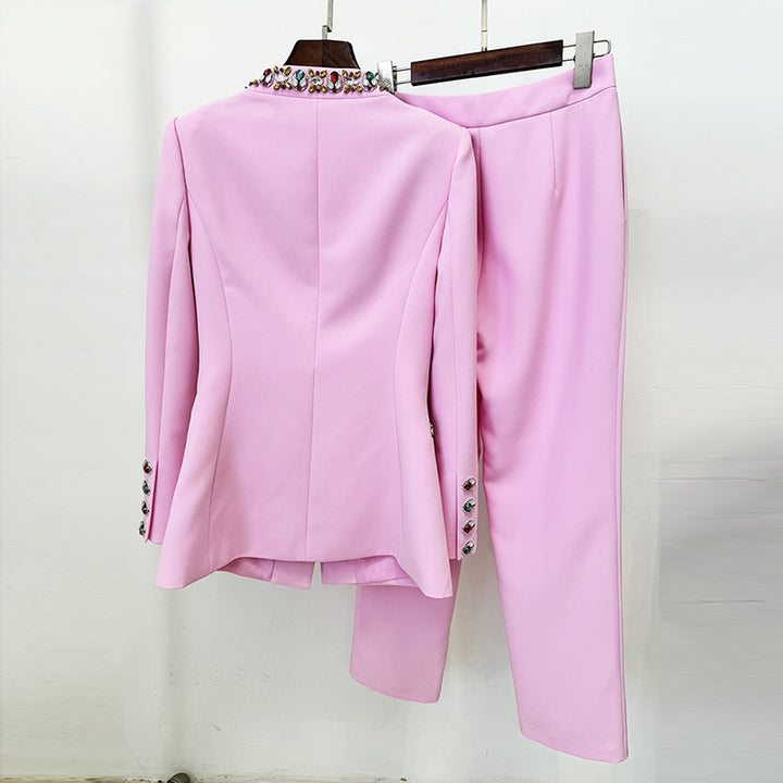 Beaded Stand Collar Jacket and Slim Pants Set for Evening Events and Executive Elegance Women-Vyana Collective