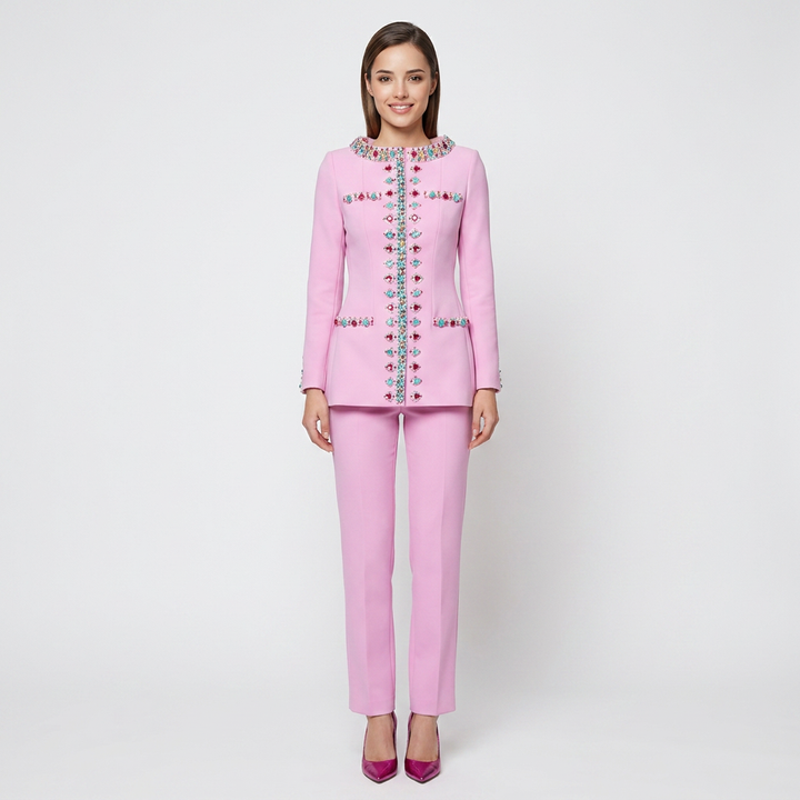 Beaded Stand Collar Jacket and Slim Pants Set for Evening Events and Executive Elegance Women-Vyana Collective