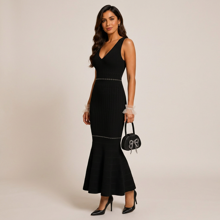 Beaded V-Neck Knit Fishtail Midi Dress-Vyana Collective