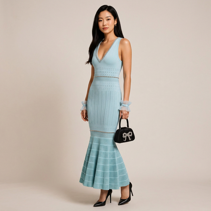 Beaded V-Neck Knit Fishtail Midi Dress-Vyana Collective