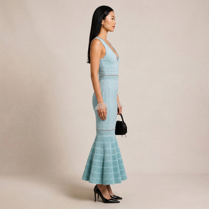 Beaded V-Neck Knit Fishtail Midi Dress-Vyana Collective