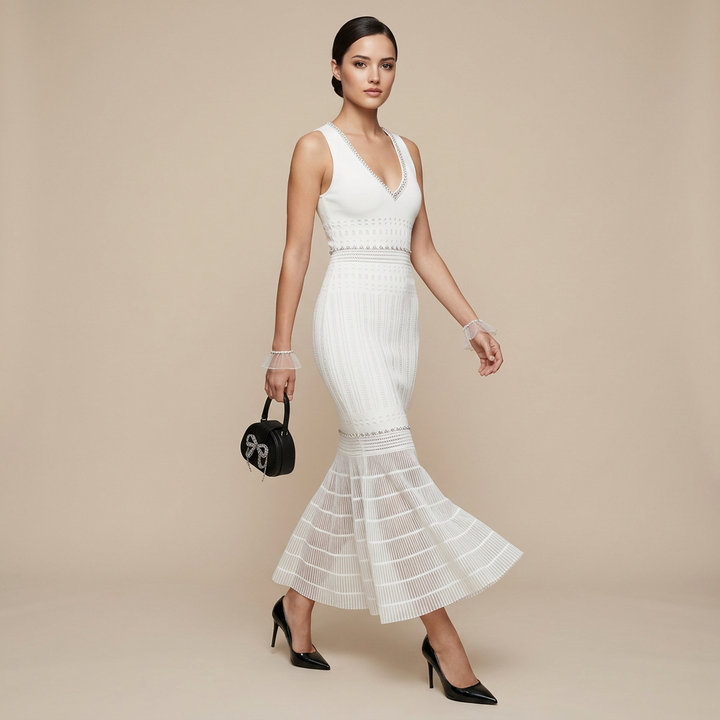 Beaded V-Neck Knit Fishtail Midi Dress-Vyana Collective