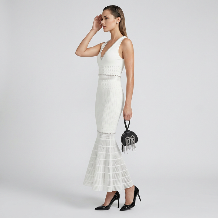 Beaded V-Neck Knit Fishtail Midi Dress-Vyana Collective