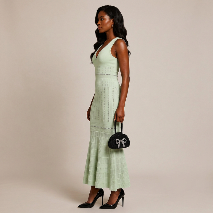 Beaded V-Neck Knit Fishtail Midi Dress-Vyana Collective