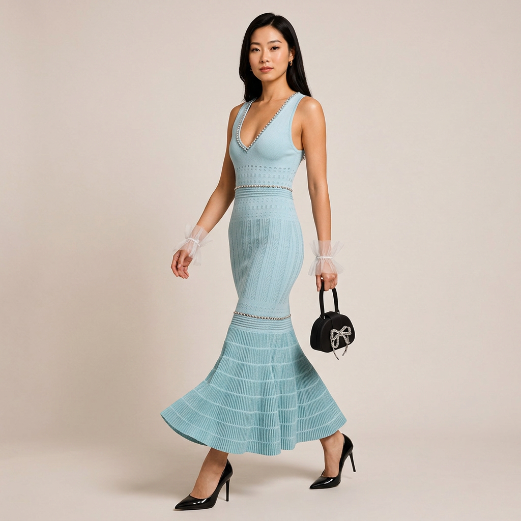 Beaded V-Neck Knit Fishtail Midi Dress-Vyana Collective