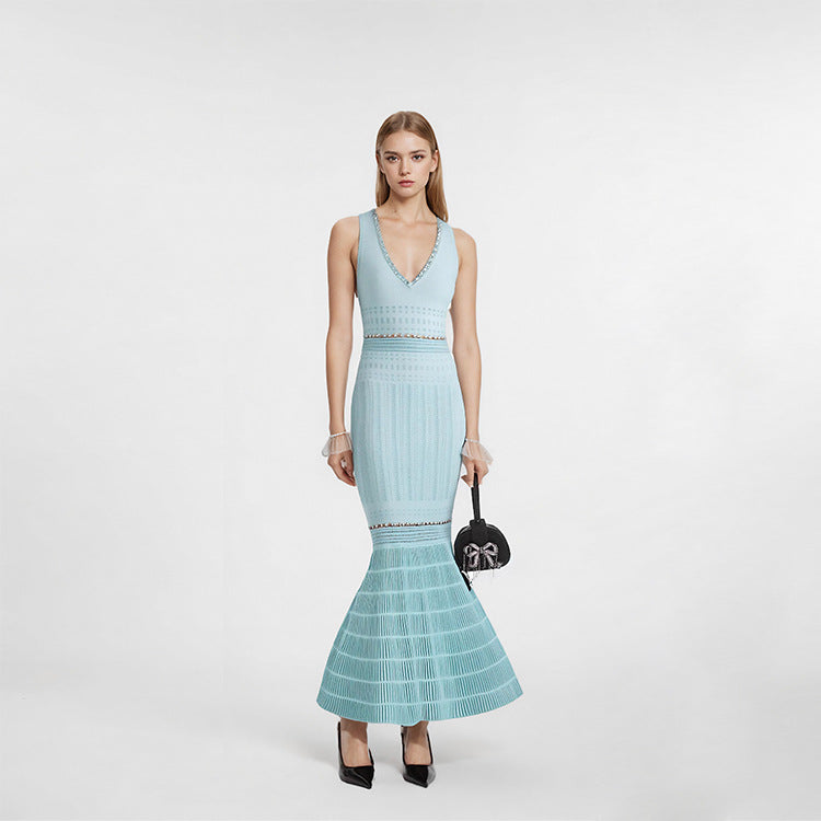 Beaded V-Neck Knit Fishtail Midi Dress-Vyana Collective
