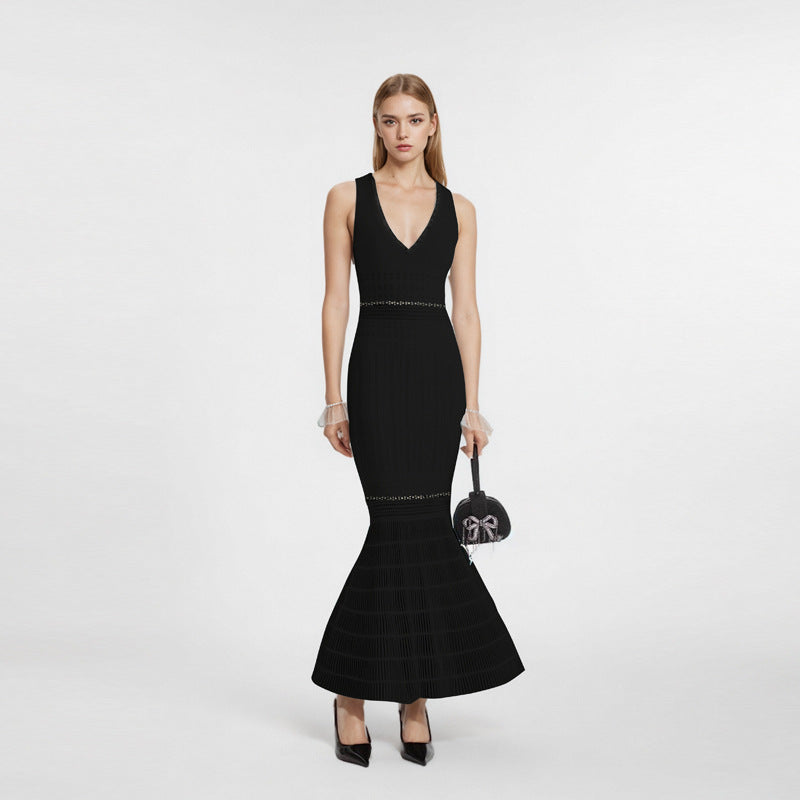 Beaded V-Neck Knit Fishtail Midi Dress-Vyana Collective