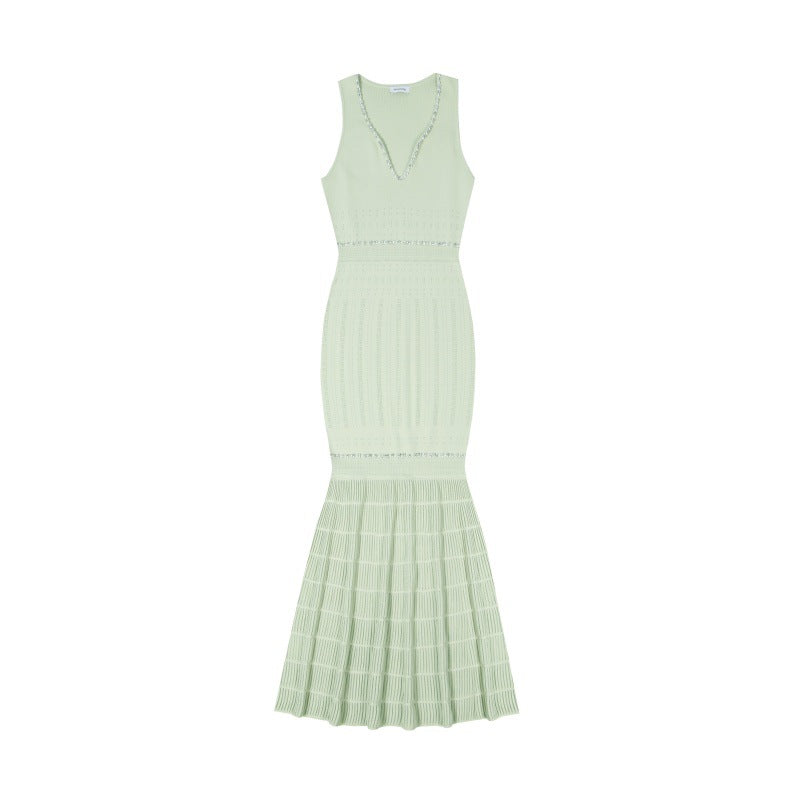 Beaded V-Neck Knit Fishtail Midi Dress-Vyana Collective