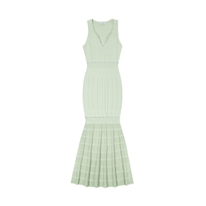 Beaded V-Neck Knit Fishtail Midi Dress-Vyana Collective