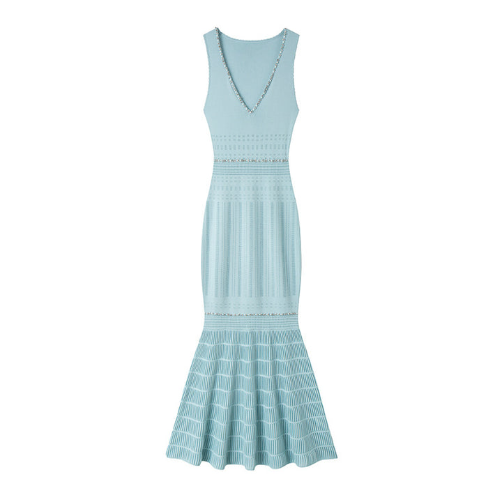 Beaded V-Neck Knit Fishtail Midi Dress-Vyana Collective