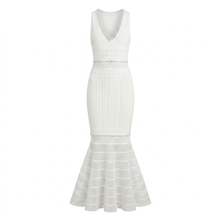 Beaded V-Neck Knit Fishtail Midi Dress-Vyana Collective