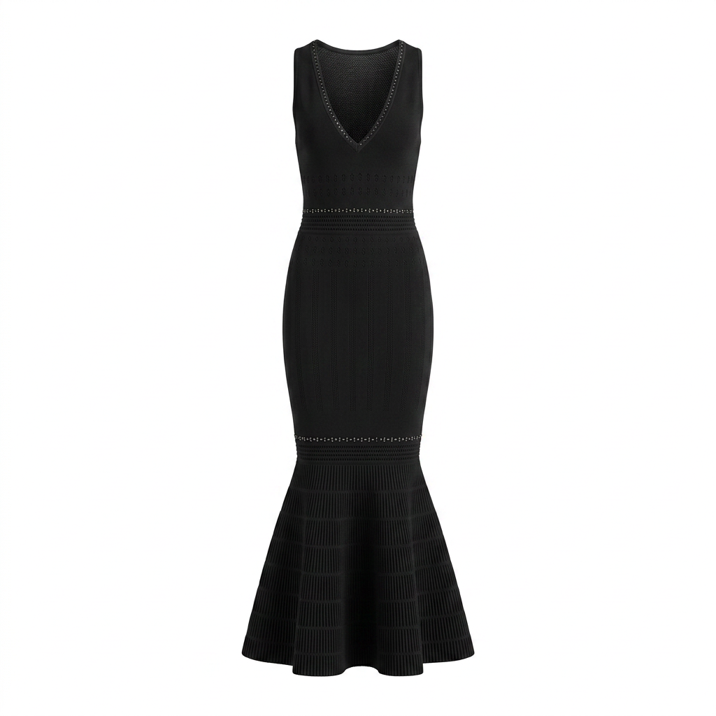 Beaded V-Neck Knit Fishtail Midi Dress-Vyana Collective