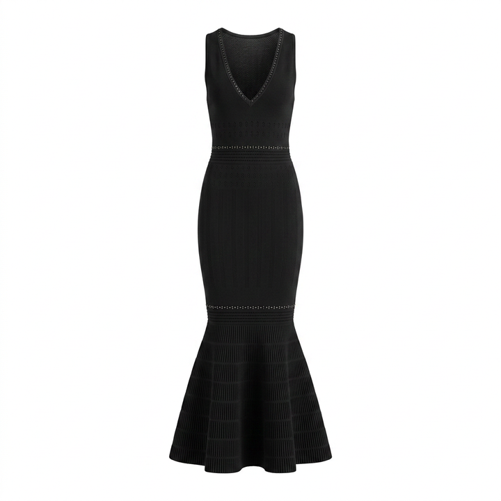 Beaded V-Neck Knit Fishtail Midi Dress-Vyana Collective