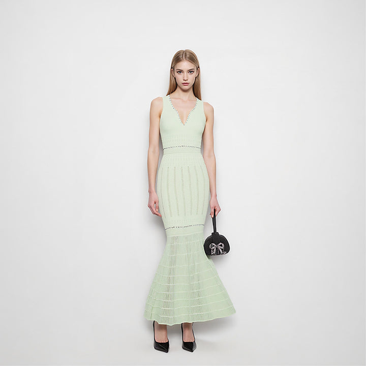 Beaded V-Neck Knit Fishtail Midi Dress-Vyana Collective