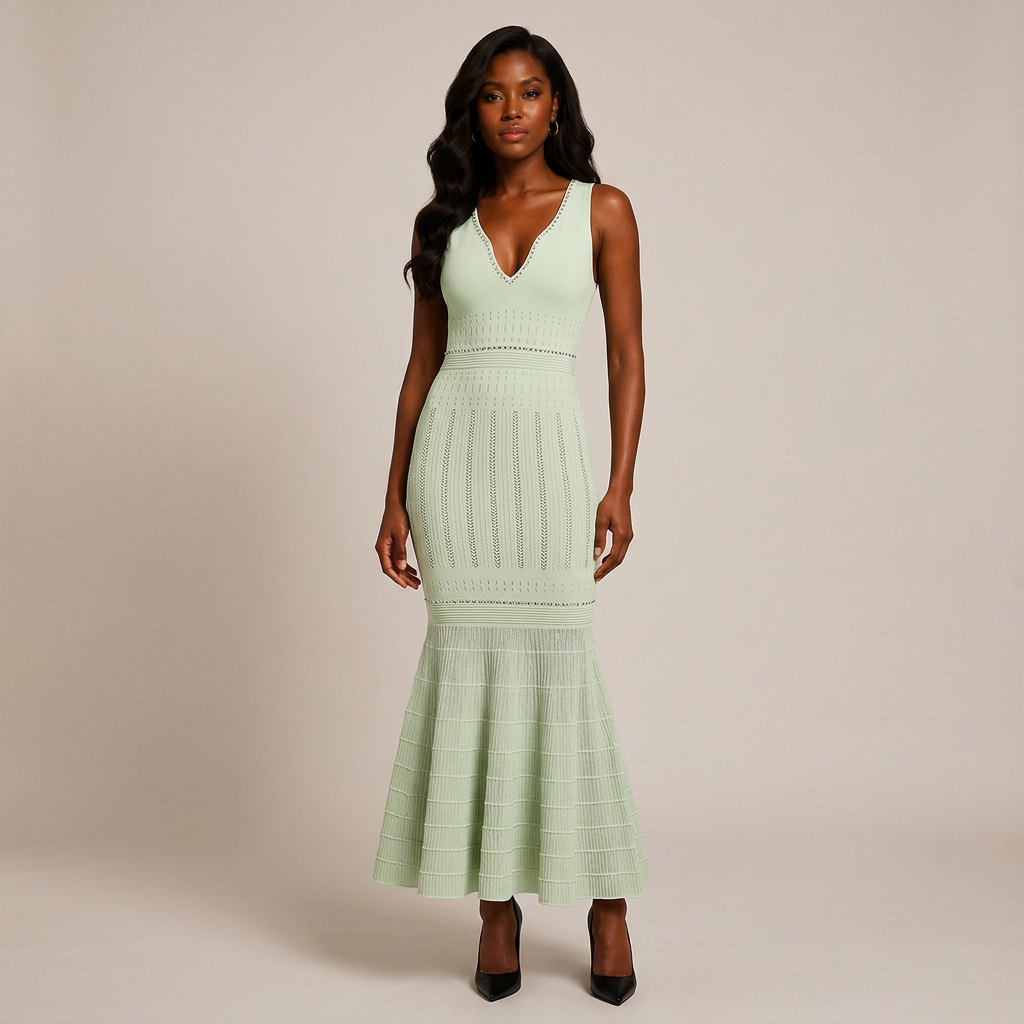 Beaded V-Neck Knit Fishtail Midi Dress-Vyana Collective