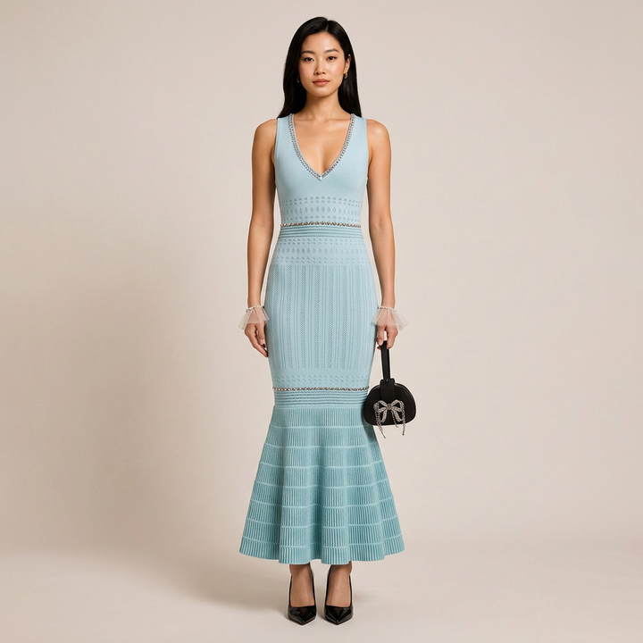 Beaded V-Neck Knit Fishtail Midi Dress-Vyana Collective