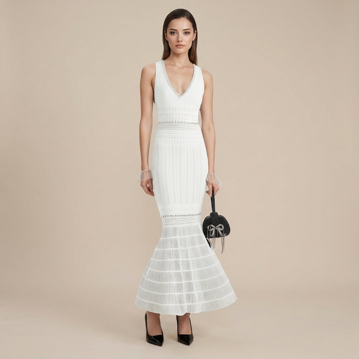 Beaded V-Neck Knit Fishtail Midi Dress-Vyana Collective