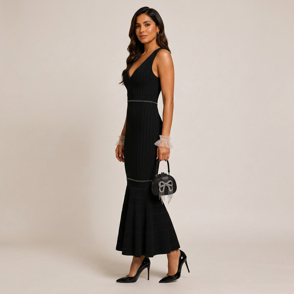 Beaded V-Neck Knit Fishtail Midi Dress-Vyana Collective
