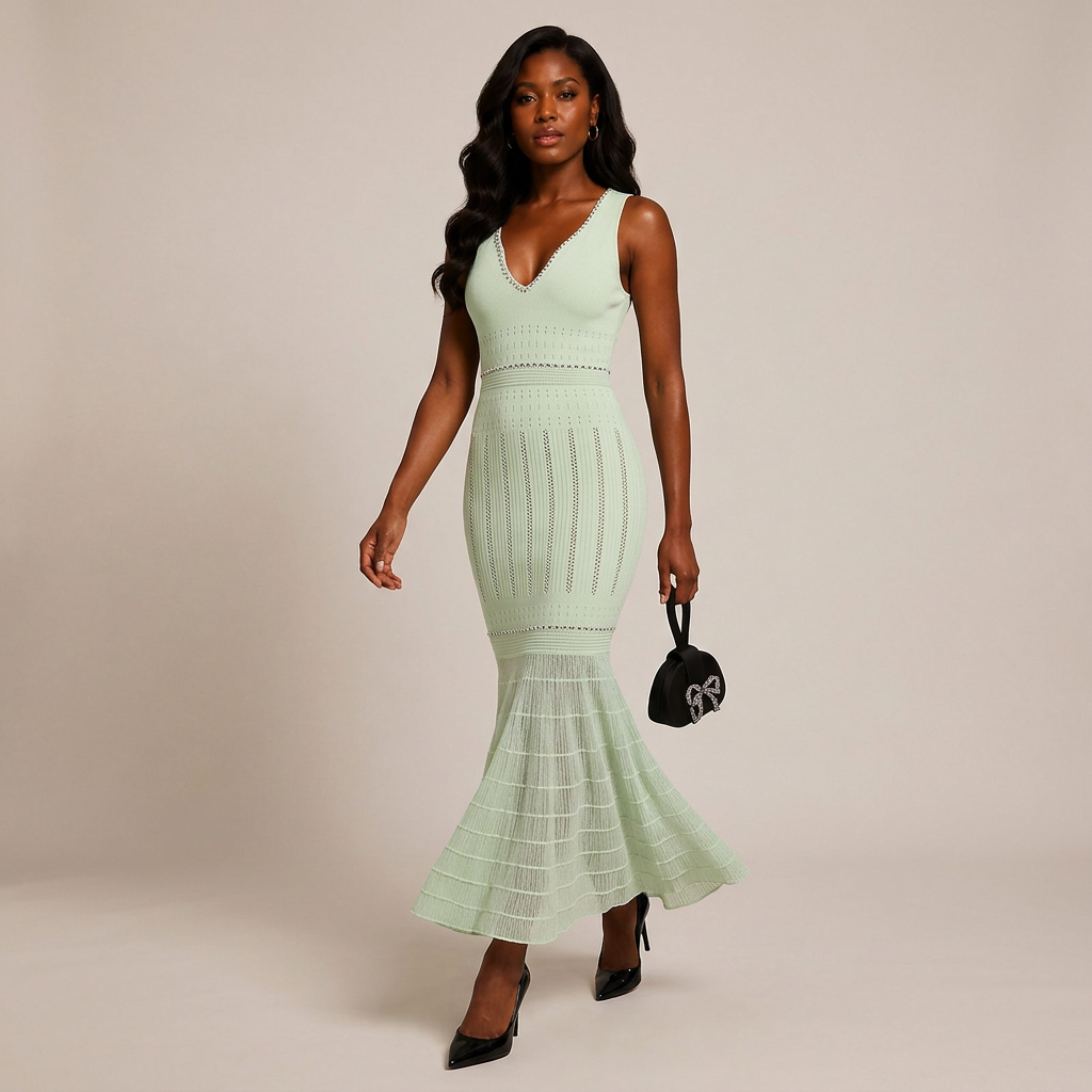 Beaded V-Neck Knit Fishtail Midi Dress-Vyana Collective