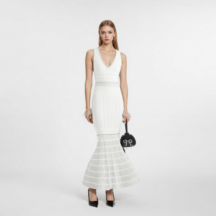 Beaded V-Neck Knit Fishtail Midi Dress-Vyana Collective