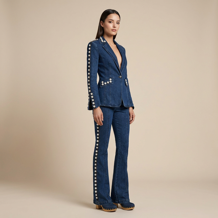 Beaded Washed Denim Blazer and Straight Leg Pants Set for Friday Night Vibes and Elevated Casual Style Women-Vyana Collective