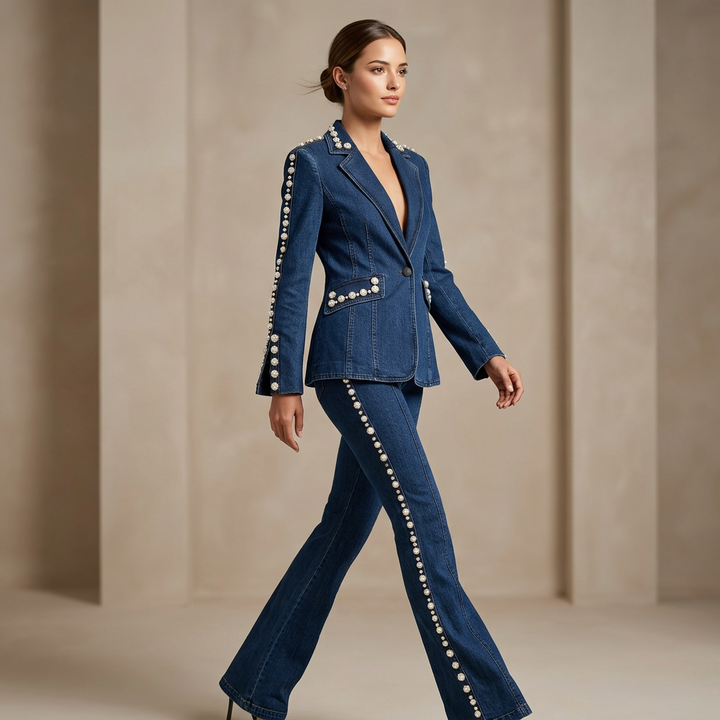 Beaded Washed Denim Blazer and Straight Leg Pants Set for Friday Night Vibes and Elevated Casual Style Women-Vyana Collective