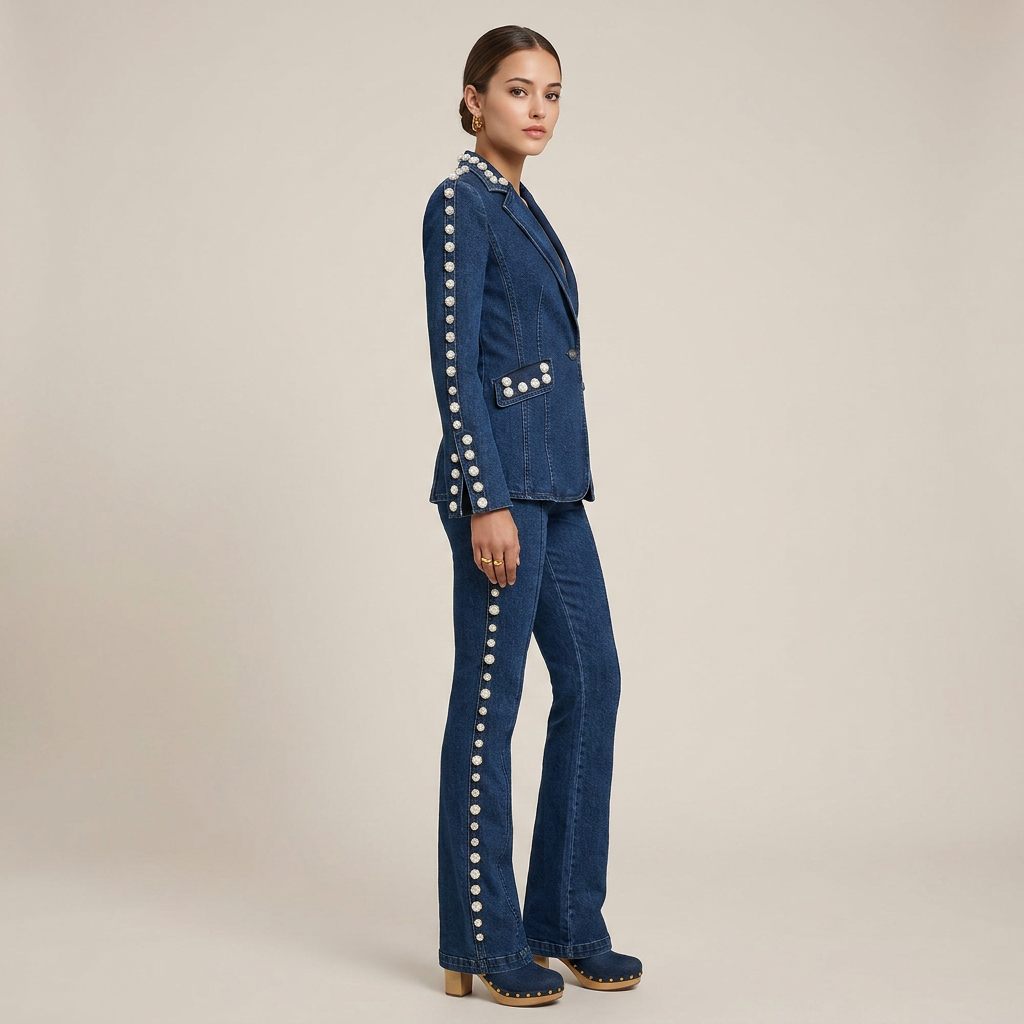 Beaded Washed Denim Blazer and Straight Leg Pants Set for Friday Night Vibes and Elevated Casual Style Women-Vyana Collective