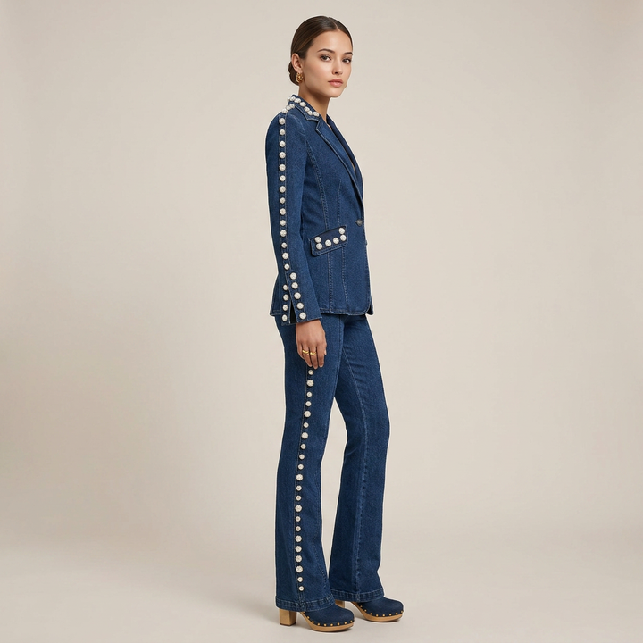 Beaded Washed Denim Blazer and Straight Leg Pants Set for Friday Night Vibes and Elevated Casual Style Women-Vyana Collective