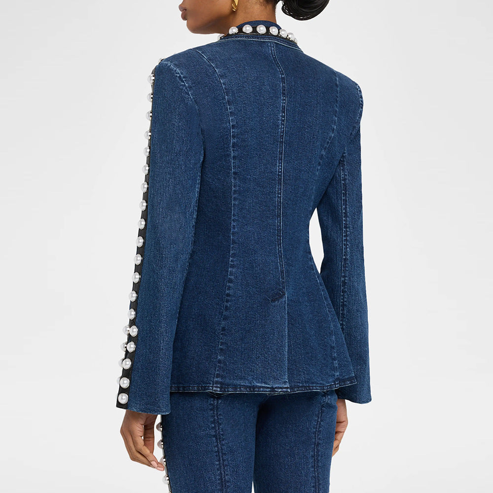 Beaded Washed Denim Blazer and Straight Leg Pants Set for Friday Night Vibes and Elevated Casual Style Women-Vyana Collective