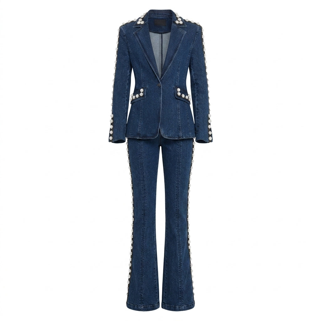 Beaded Washed Denim Blazer and Straight Leg Pants Set for Friday Night Vibes and Elevated Casual Style Women-Vyana Collective