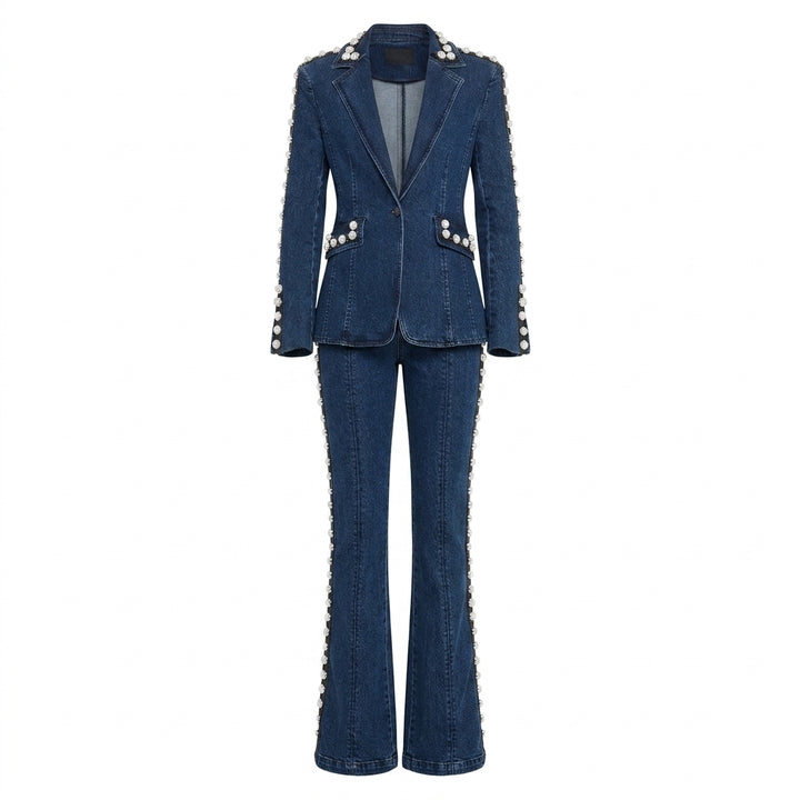 Beaded Washed Denim Blazer and Straight Leg Pants Set for Friday Night Vibes and Elevated Casual Style Women-Vyana Collective