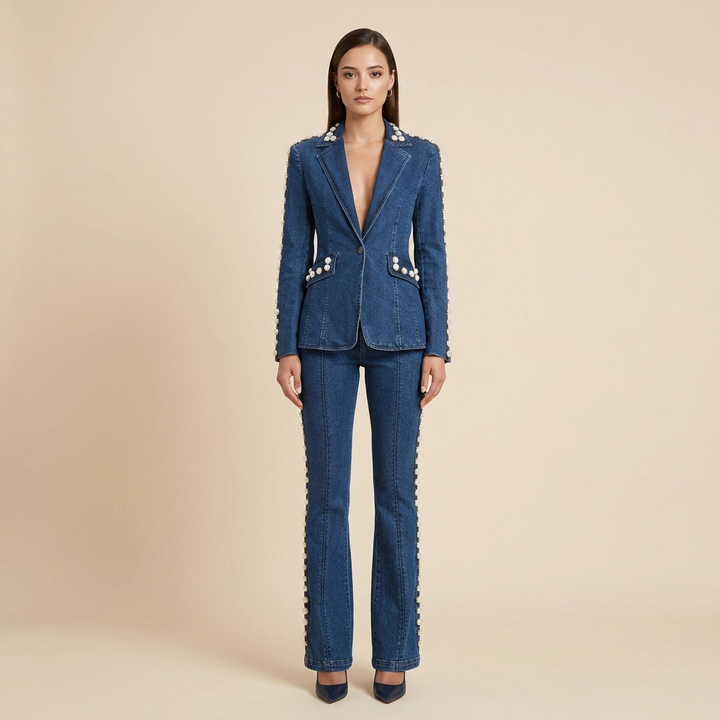 Beaded Washed Denim Blazer and Straight Leg Pants Set for Friday Night Vibes and Elevated Casual Style Women-Vyana Collective