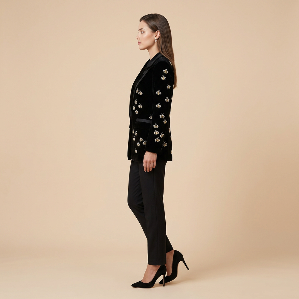 Bee Embellished Velvet Blazer for Executive Evenings and Statement Luxury Women-Vyana Collective
